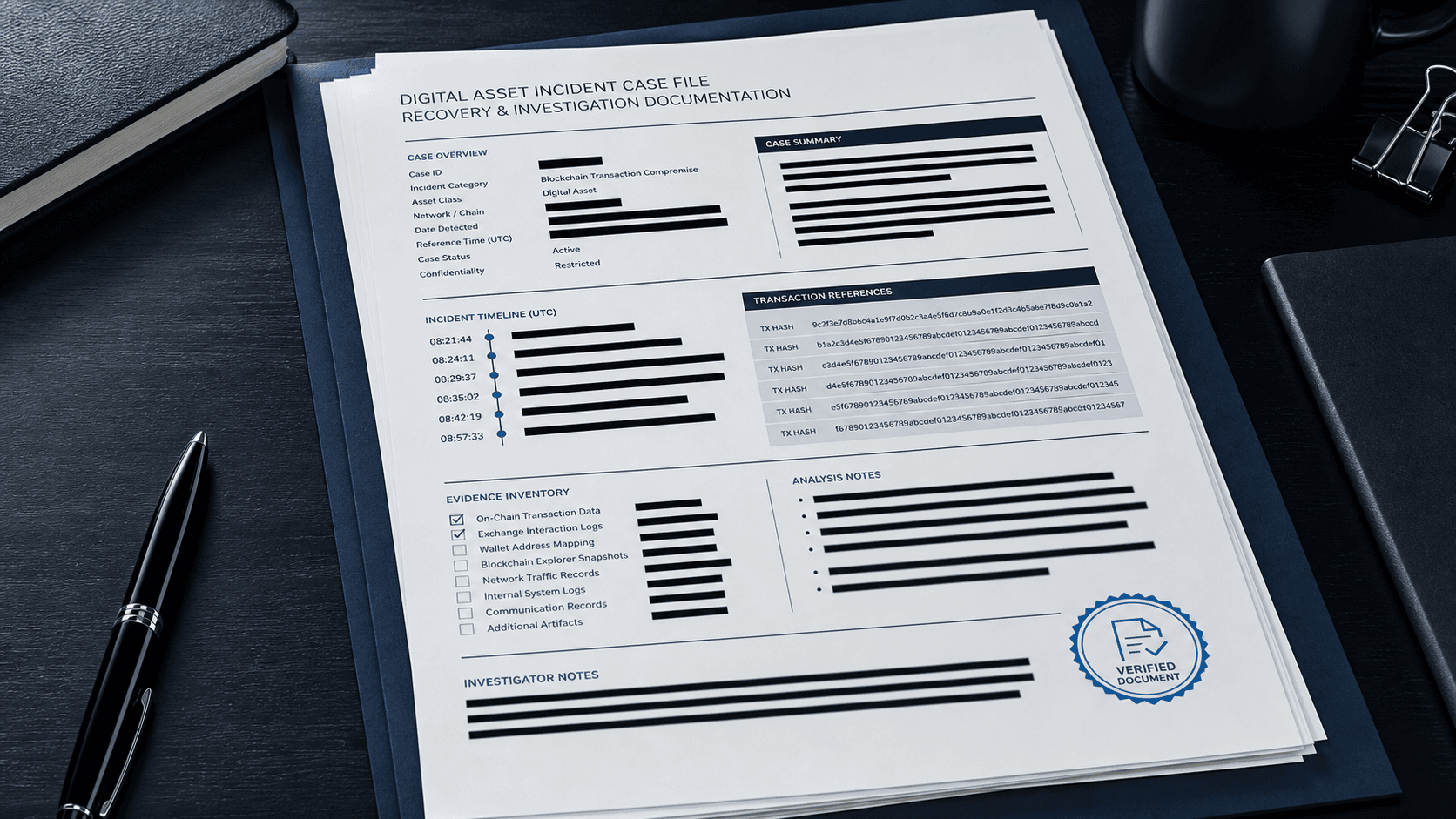 Structured and redacted digital asset incident case file