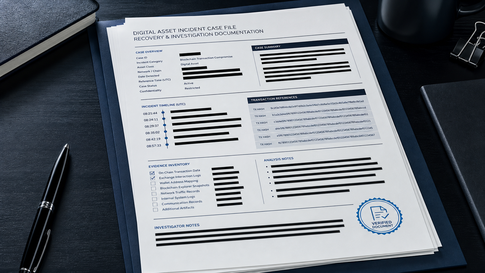 Structured and redacted digital asset incident case file
